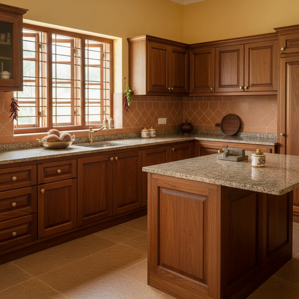 Kerala style kitchen with teak wooden cabinets and granite countertop