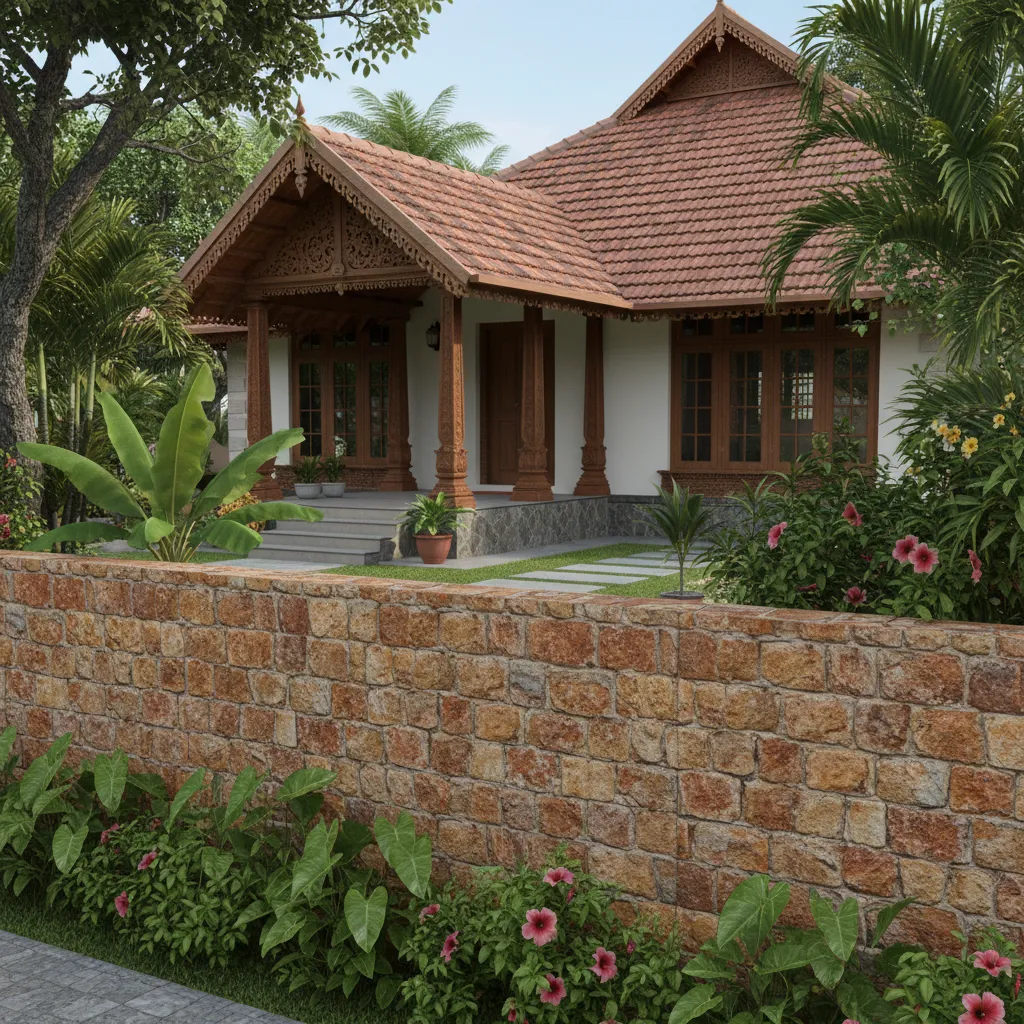 Laterite stone compound wall in Kerala residential setting