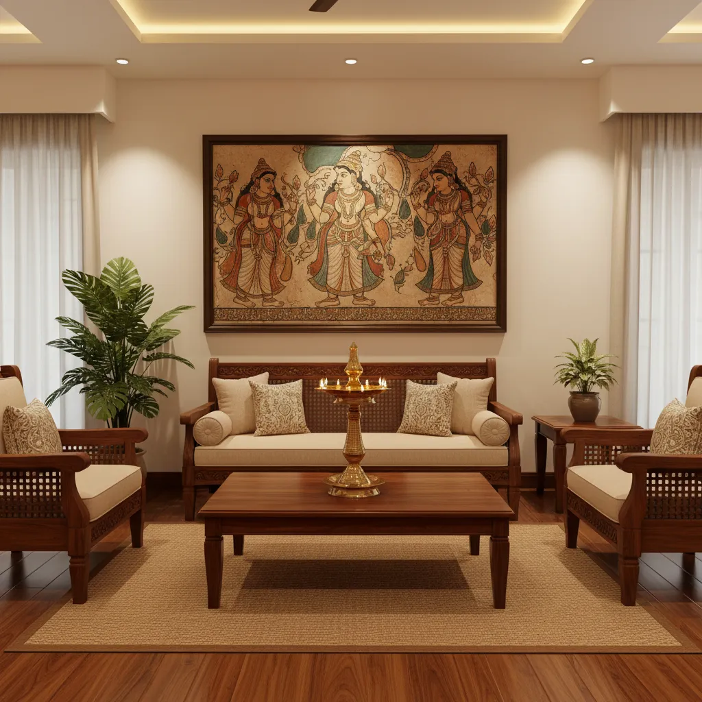 Kerala living room interior with brass nilavilakku lamp and mural artwork