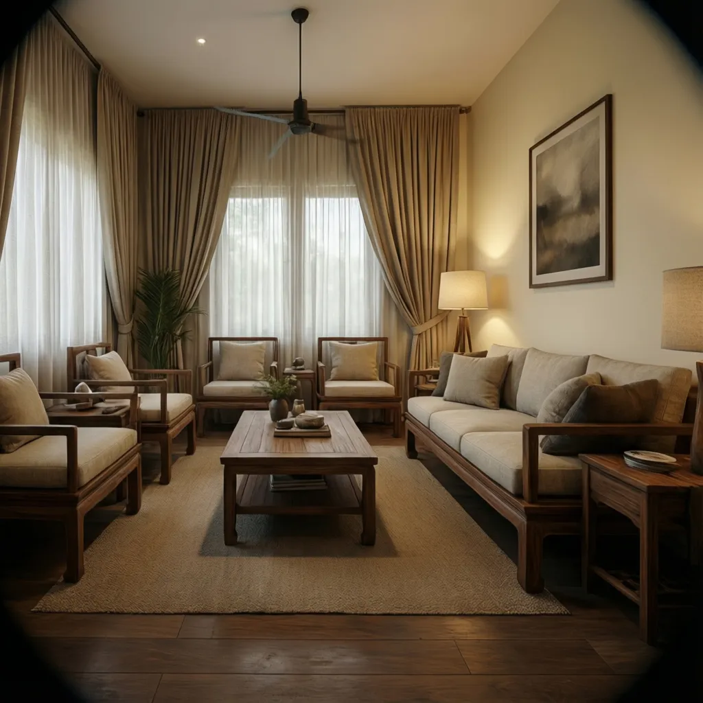 neutral color palette Kerala living room with wood accents