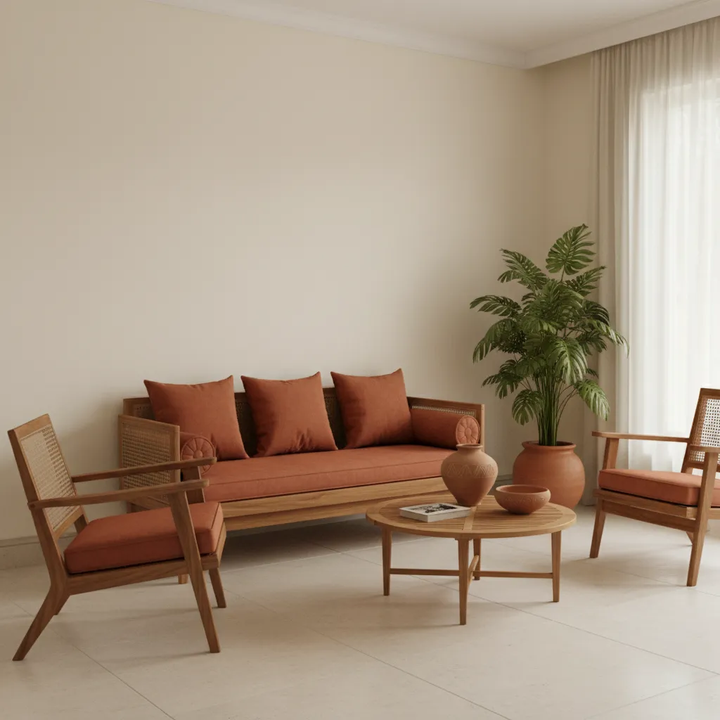 Kerala style living room with cream walls terracotta accents and wooden furniture