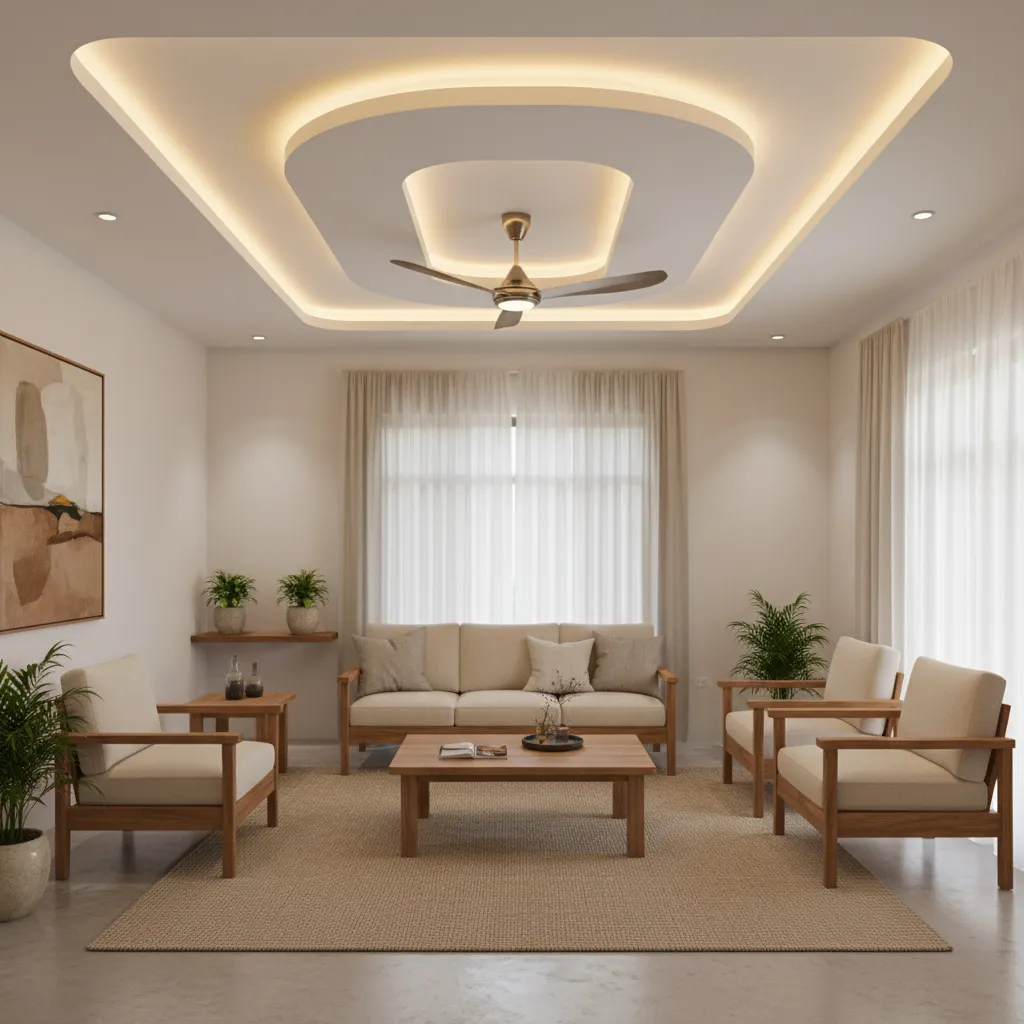 Kerala living room with simple false ceiling and warm lighting