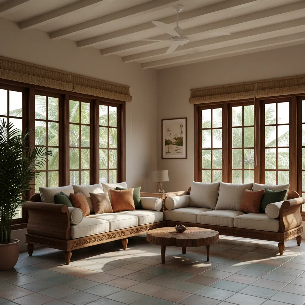 bright Kerala living room with wooden furniture and large windows