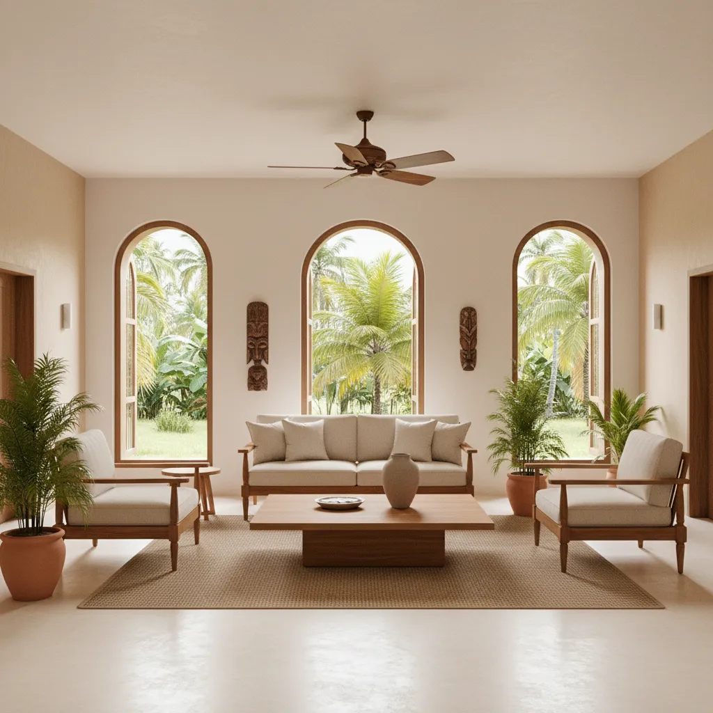 Kerala living room with large windows and wooden furniture