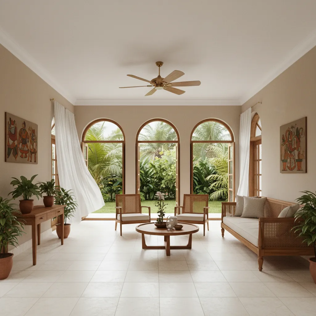 Kerala living room layout with open windows and airy furniture arrangement