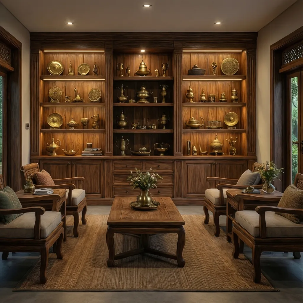 Traditional Kerala living room with wooden wall showcase