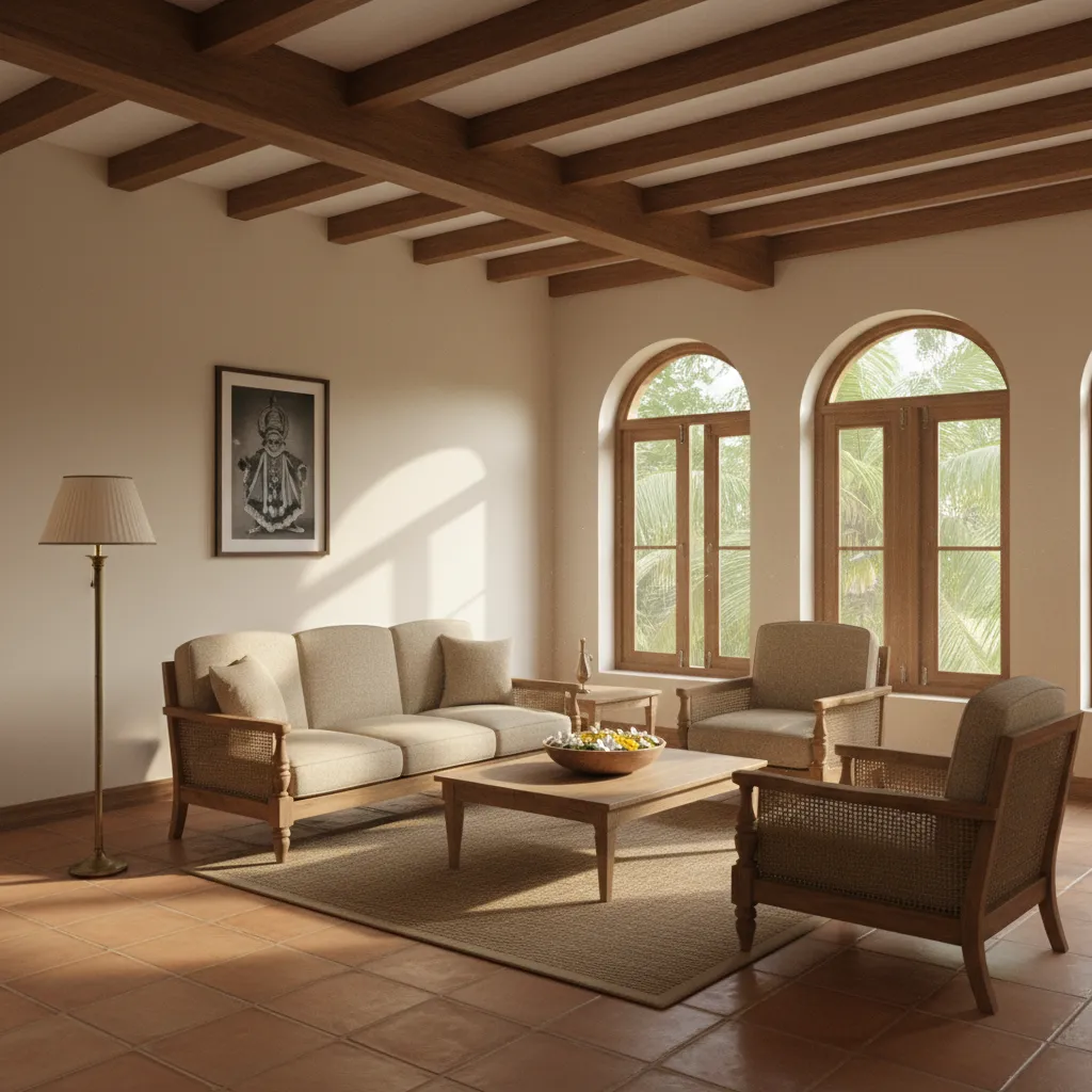 Kerala style living room with wooden ceiling beams and traditional teak seating