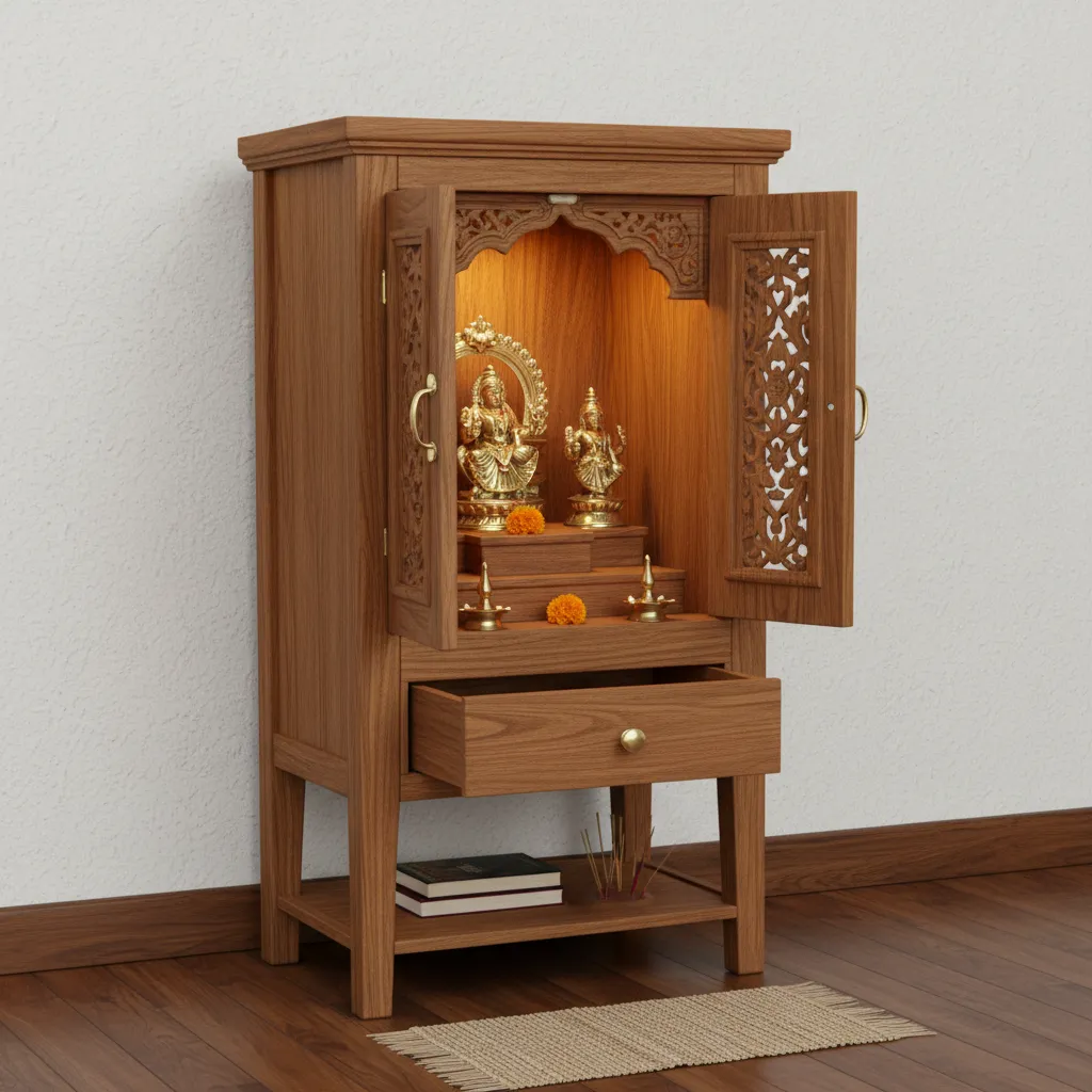 Compact wooden Kerala style mandir cabinet with carved panels