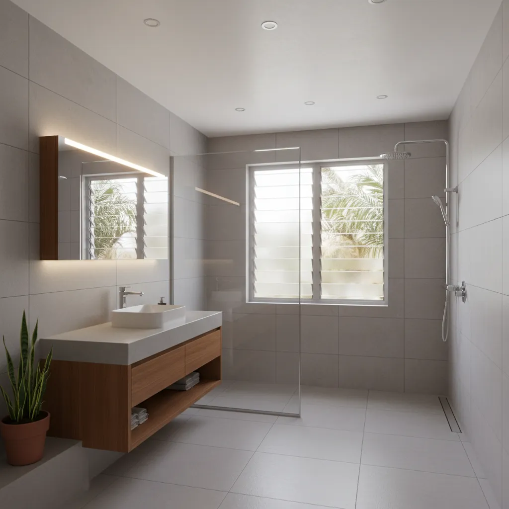 Minimalist Kerala bathroom interior with neutral tiles and glass shower