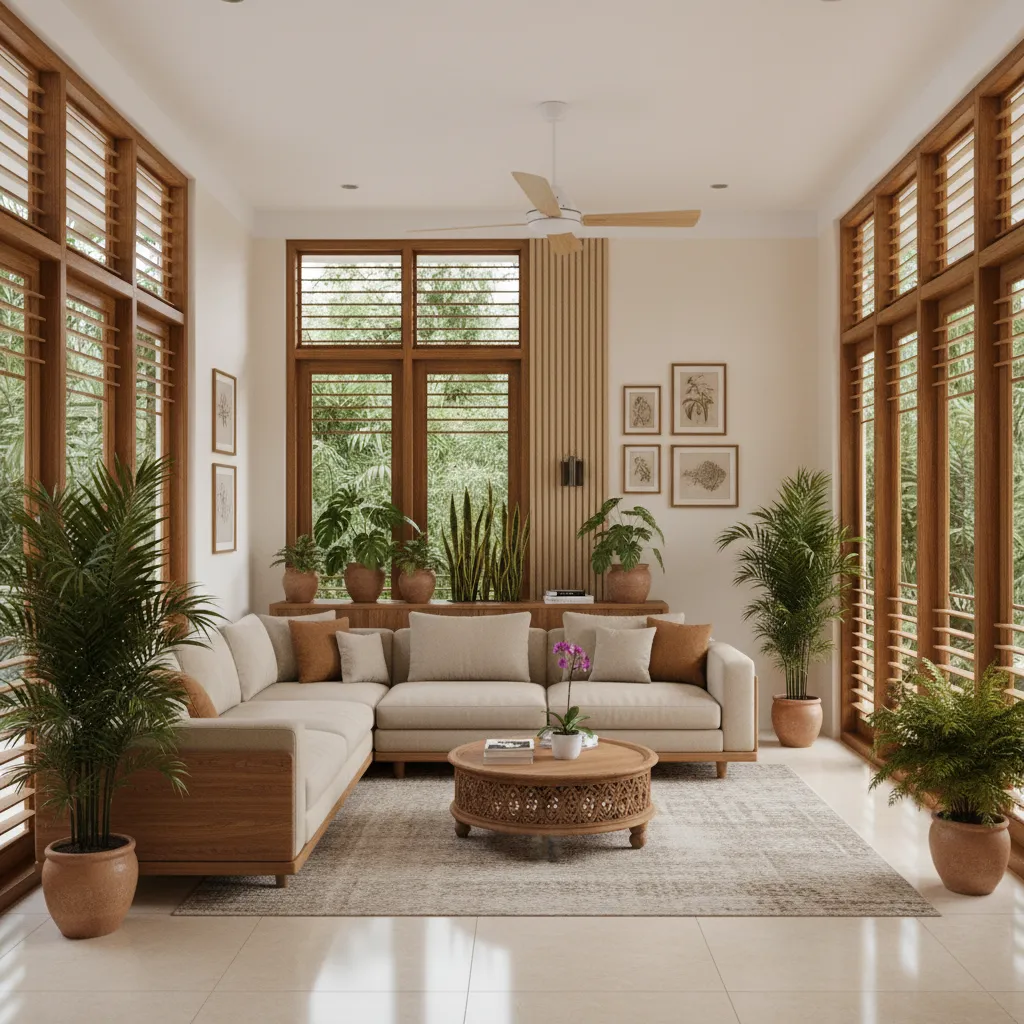 modern Kerala living room interior with wooden furniture and natural ventilation