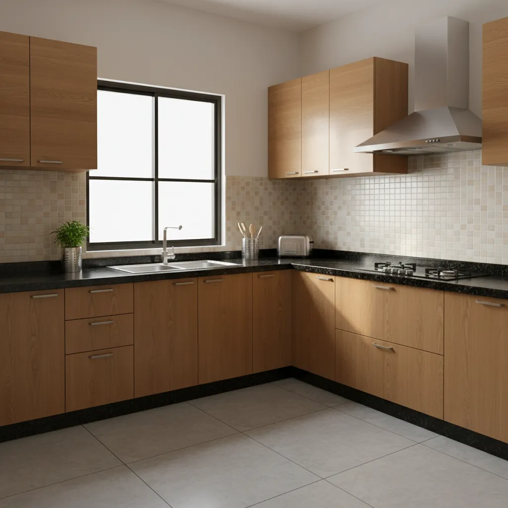 L shaped modular kitchen with laminate cabinets and granite counter in Kerala home