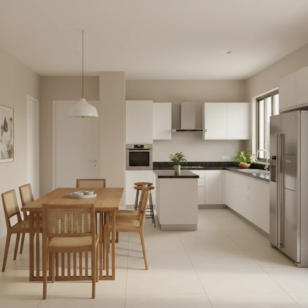 Bright open kitchen and dining room layout with white cabinets plus wooden table and chairs