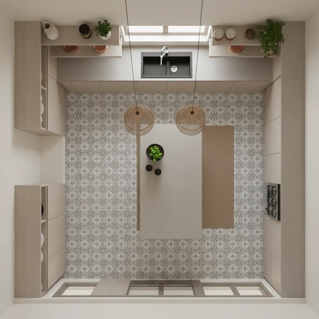 Heritage patterned floor tiles in a Kerala kitchen