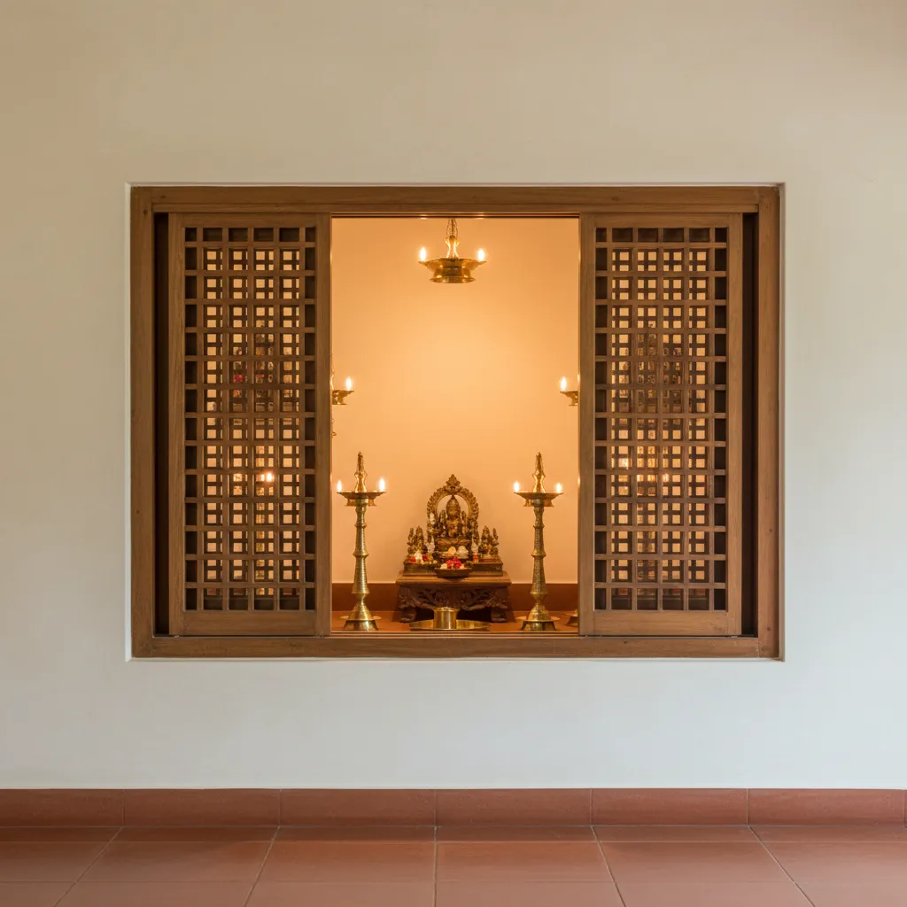 Kerala style pooja alcove with carved wooden sliding doors