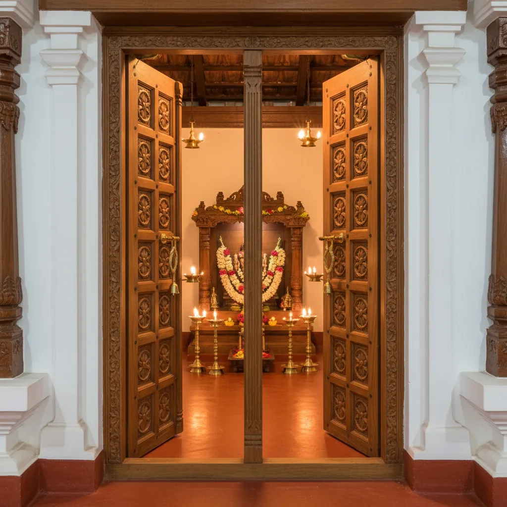 Kerala pooja room with traditional carved wooden door and lamp