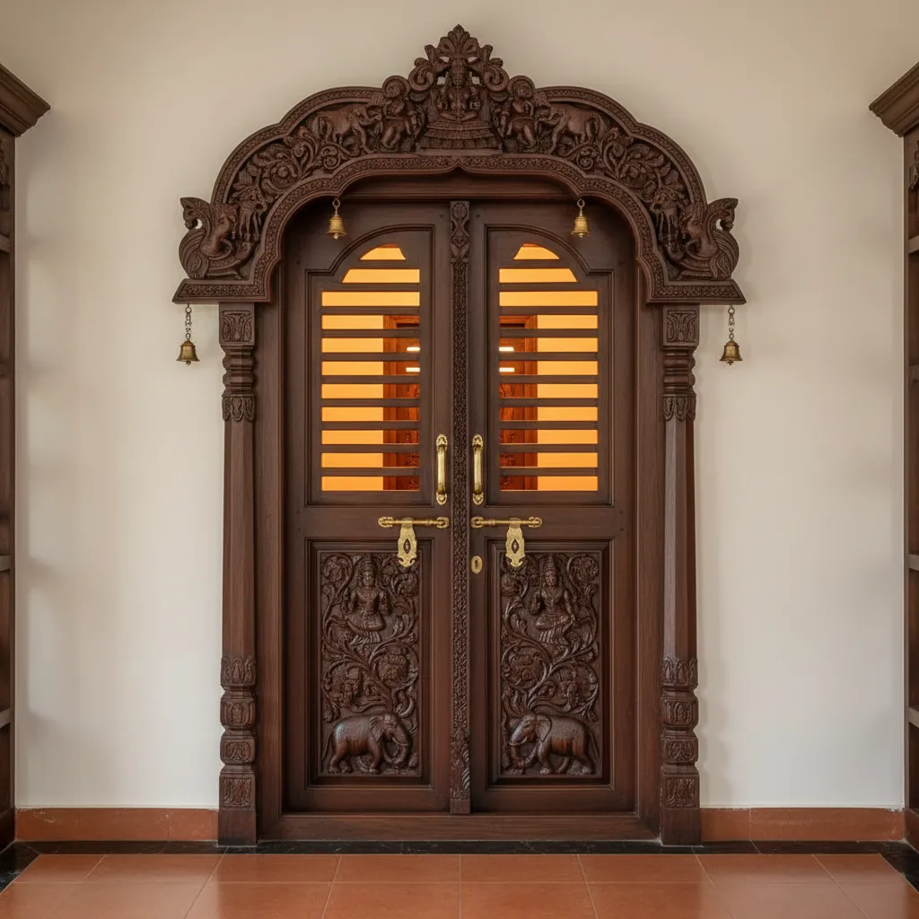 Traditional double door pooja room entrance in Kerala home