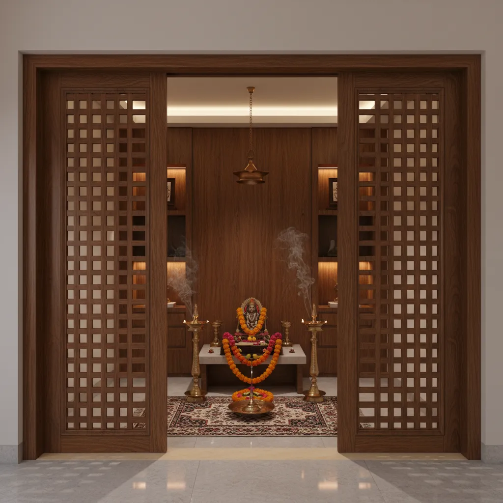 Kerala pooja room door with wooden lattice ventilation panels