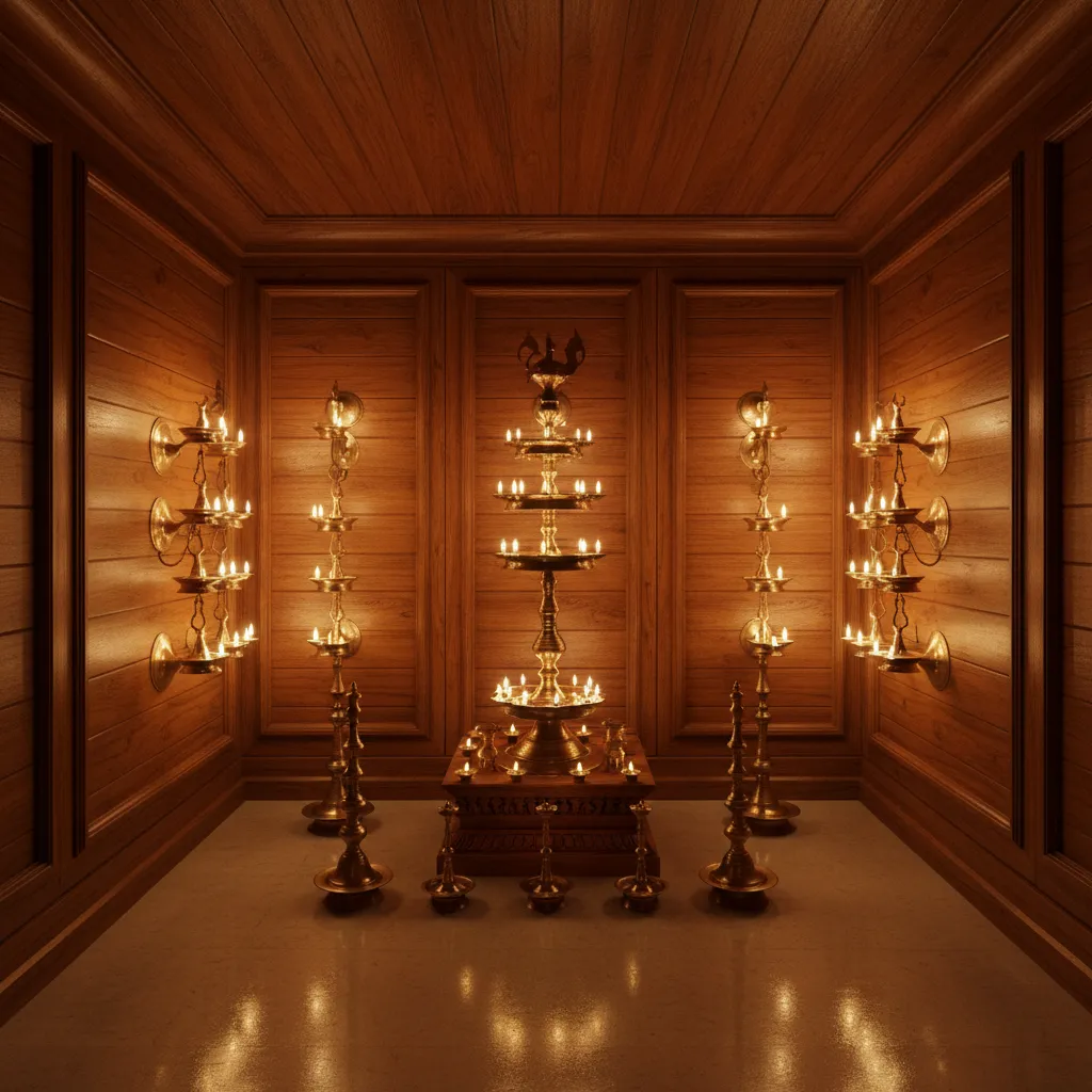 Kerala style pooja room lit with brass oil lamps and warm ambient lighting
