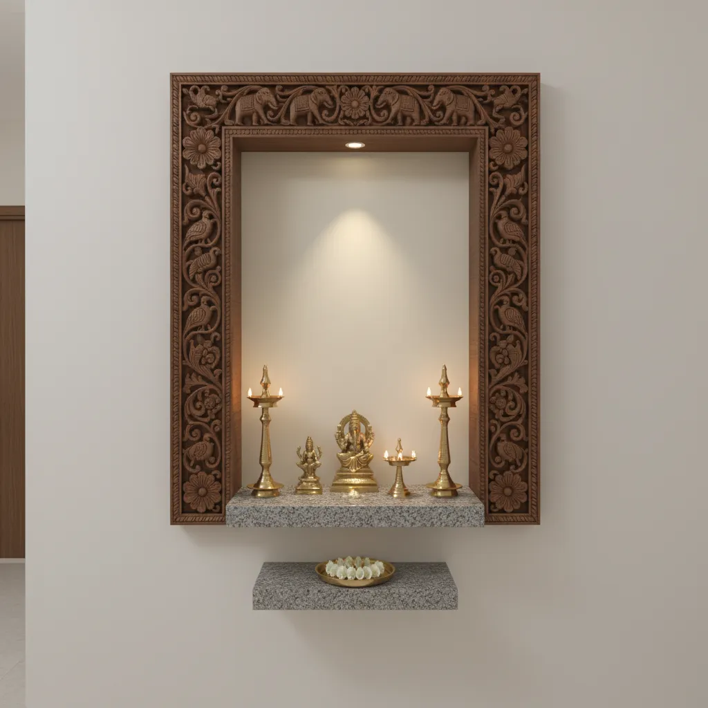 Small wall niche Kerala style pooja room with wooden frame and brass lamps