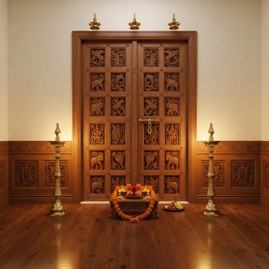 Kerala pooja room with carved wooden temple doors and brass lamps