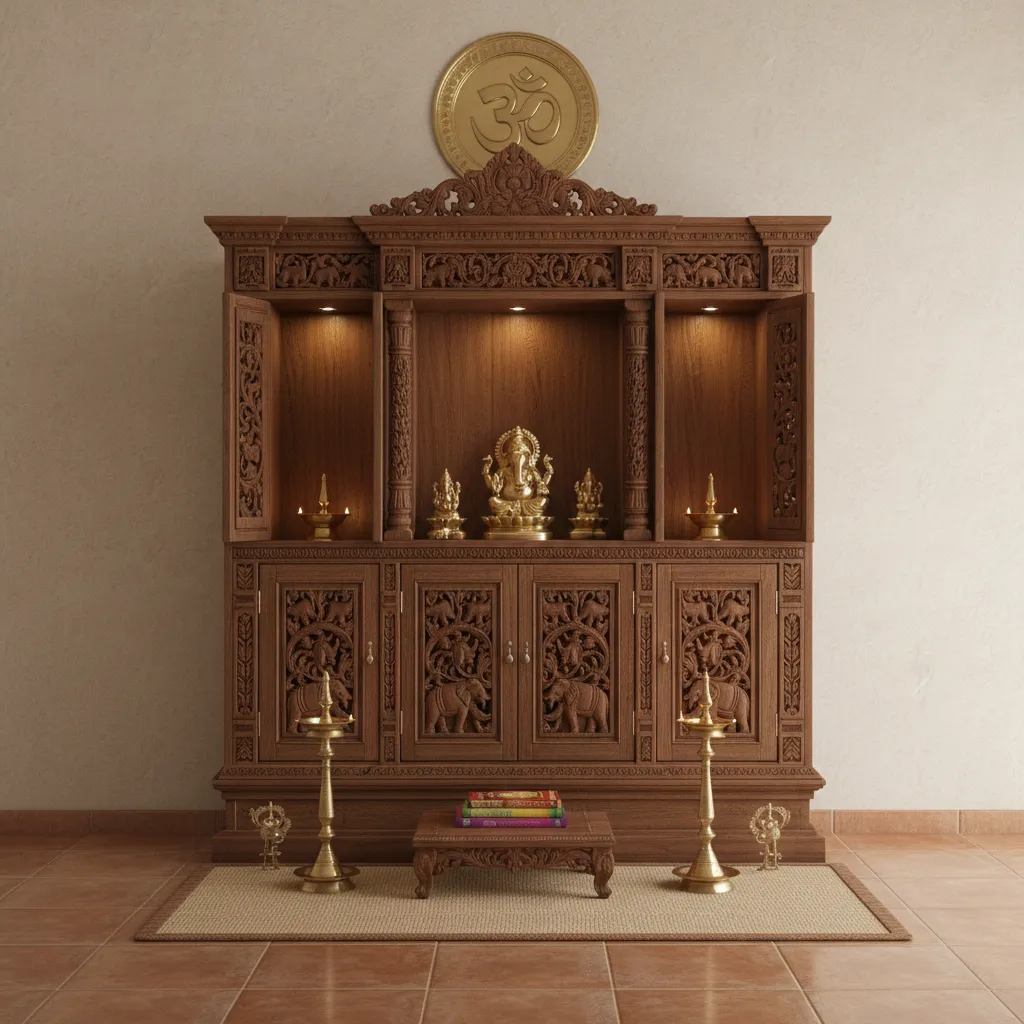 Kerala home pooja corner with wooden carved temple cabinet