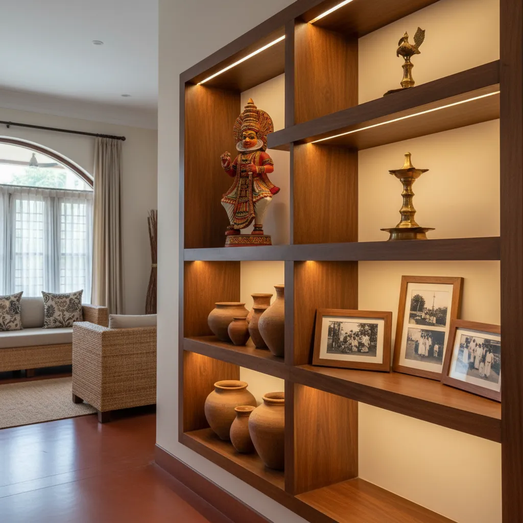 decor items displayed in Kerala living room showcase shelves