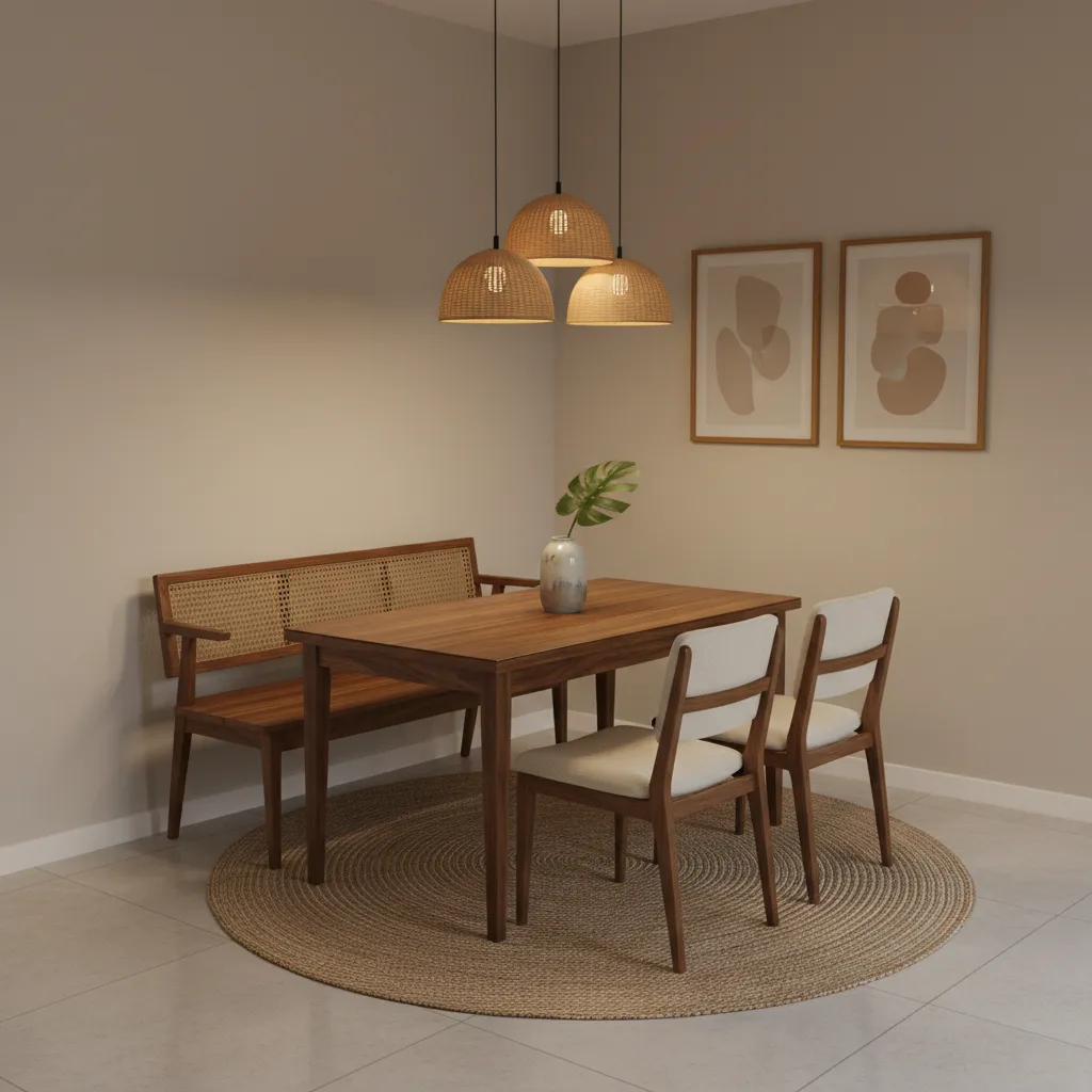 Cozy dining space with wooden table and chairs plus bench on a round jute floor rug