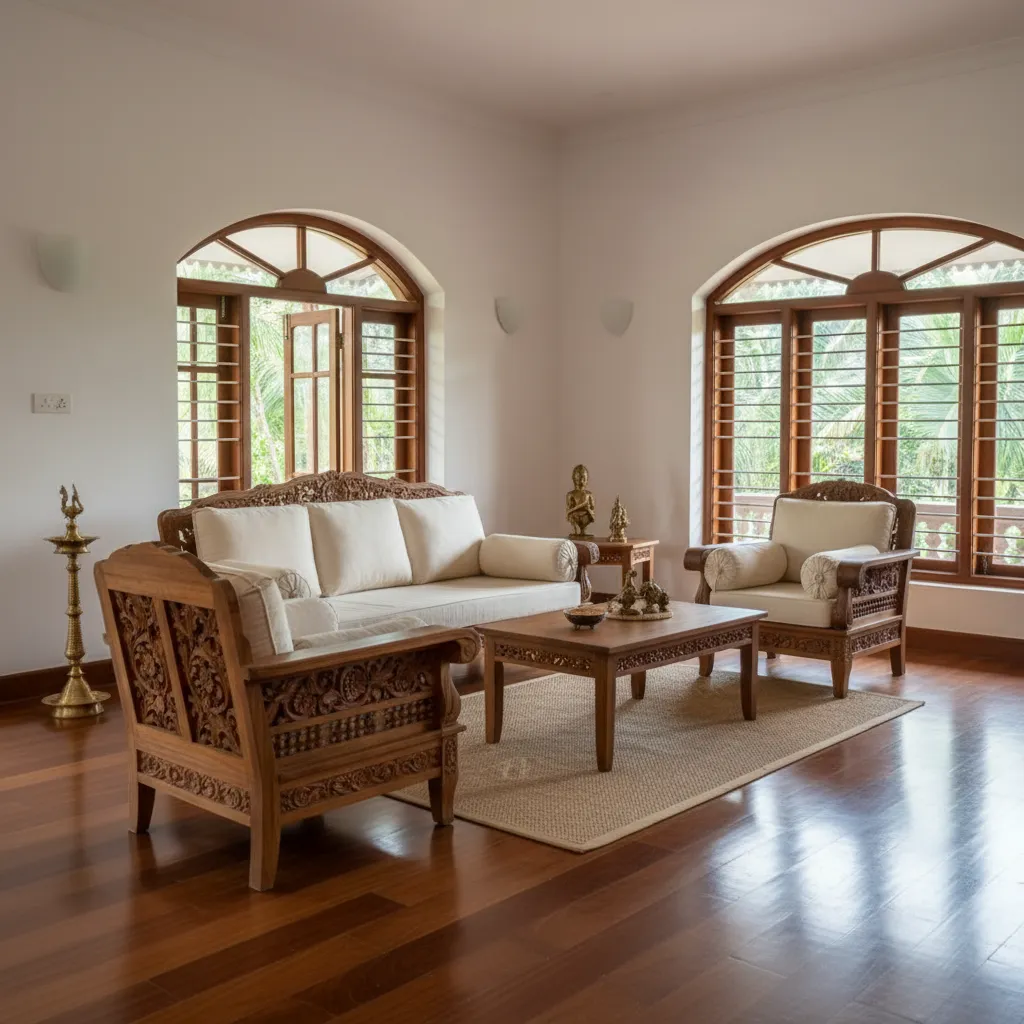 Kerala living room layout with teak sofa low wooden table and open ventilation