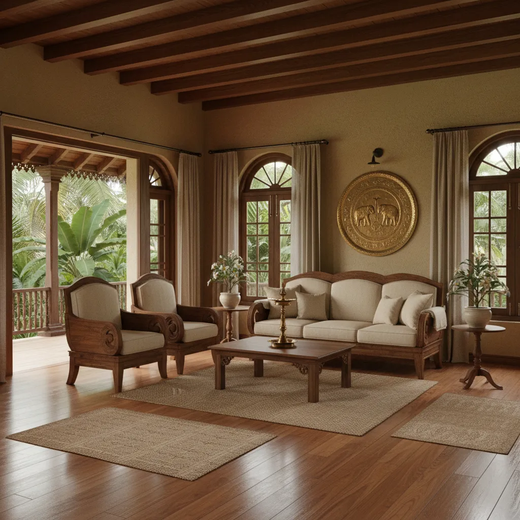 Interior Design Ideas for Living Room in Kerala Style: Practical ways to bring traditional Kerala warmth, wood textures, and tropical elegance into your living room.
