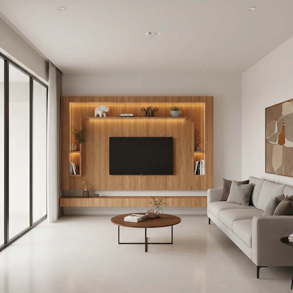 living room TV wall with integrated showcase shelves