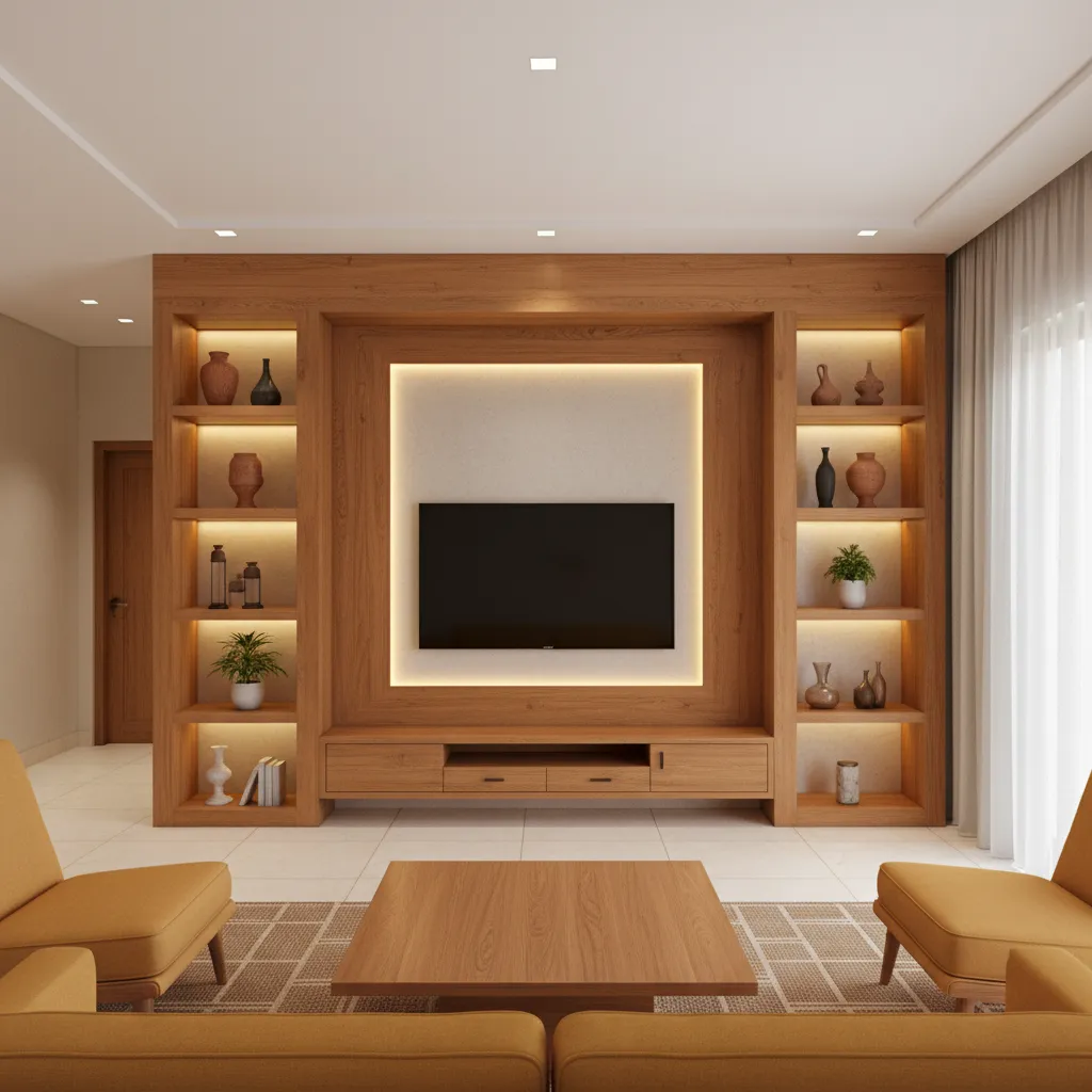 Kerala style TV wall with wooden showcase shelves