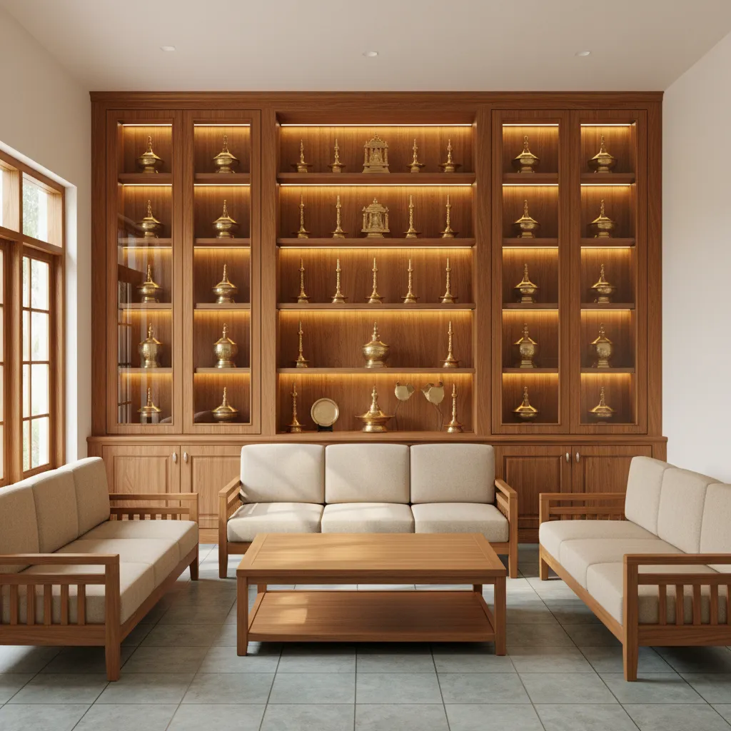 wooden showcase unit in Kerala style living room
