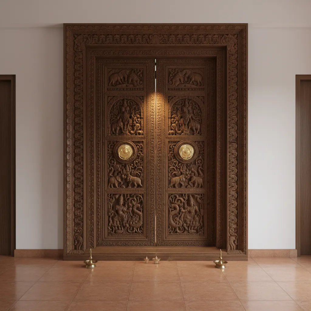 Wooden pooja room door in Kerala home with temple style carvings