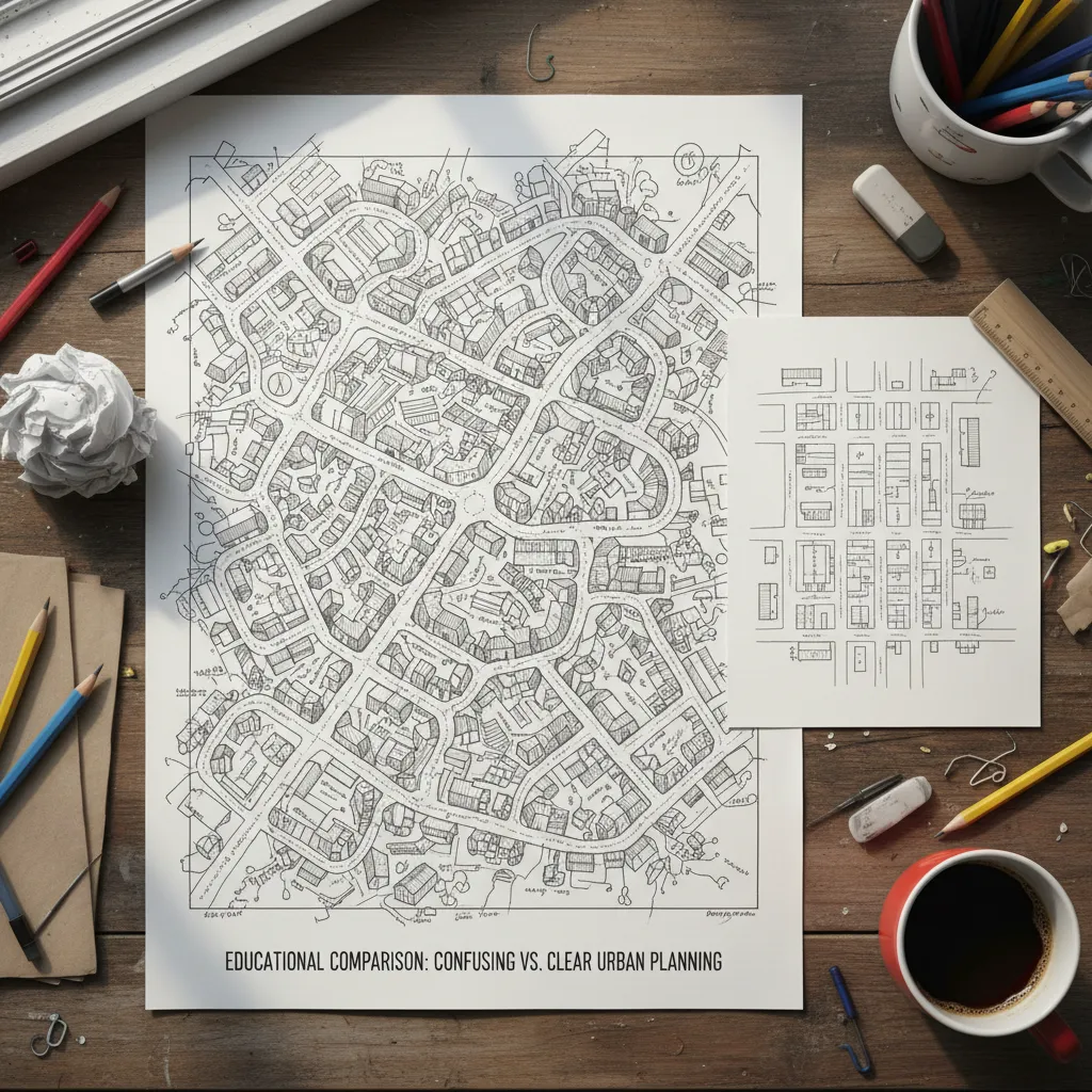 Comparison showing a complex organic city layout next to a simple clear grid street plan