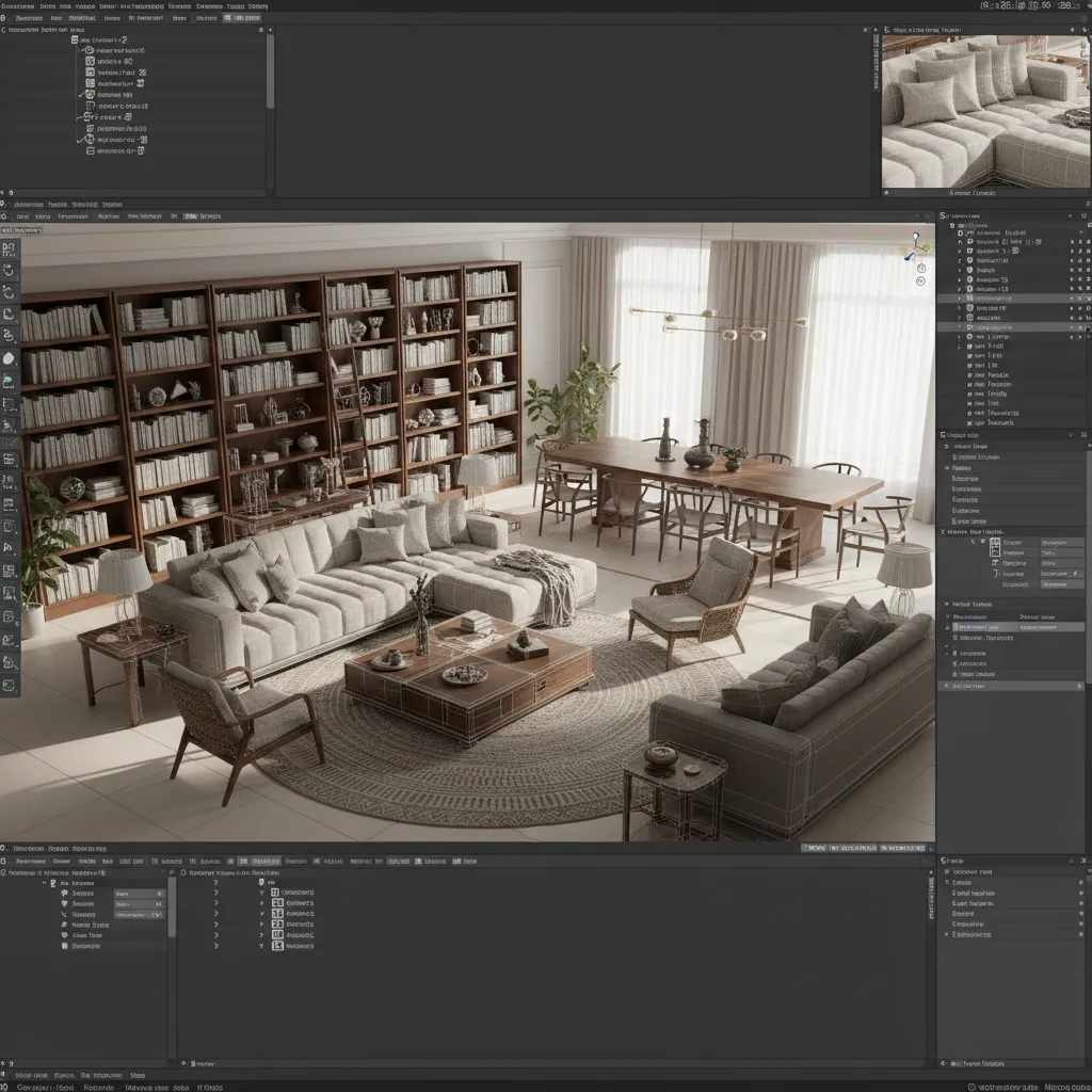 Interior design drawing showing a living room with large bookshelf grey sofa and dining table
