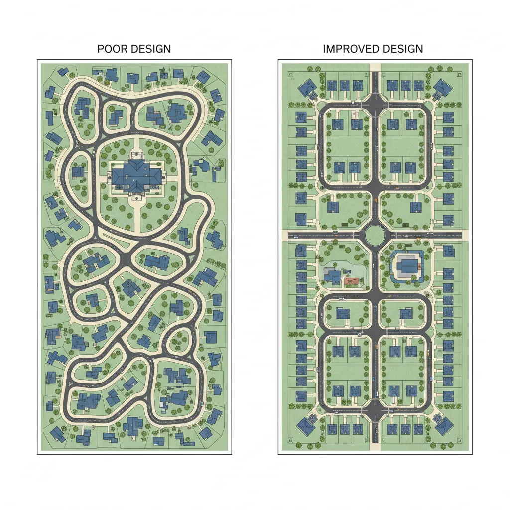 Comparison of neighborhood layout showing winding roads versus organized grid streets and green park spaces