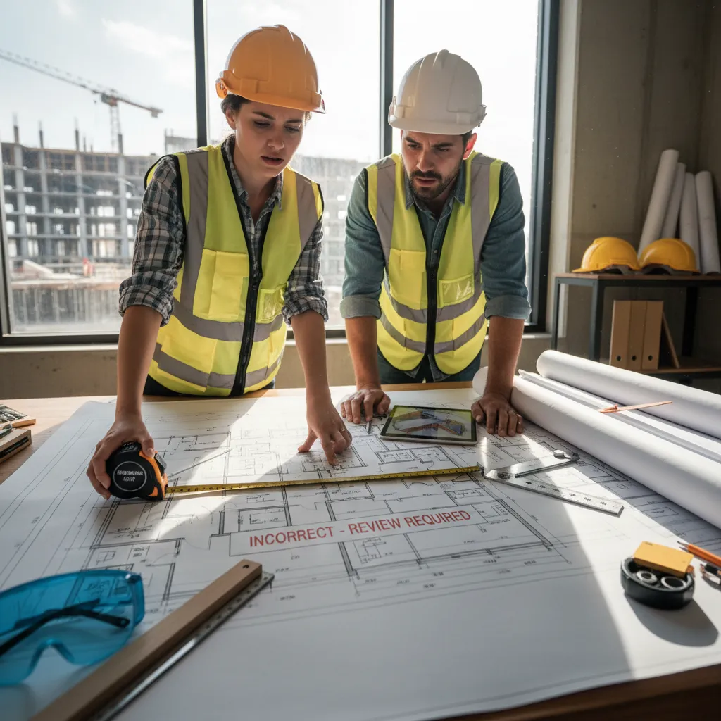 Two construction workers in safety vests checking a paper floor plan with an incorrect stamp
