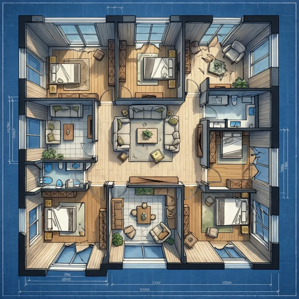 3D top down floor plan view showing multiple furnished rooms with beds sofas and windows