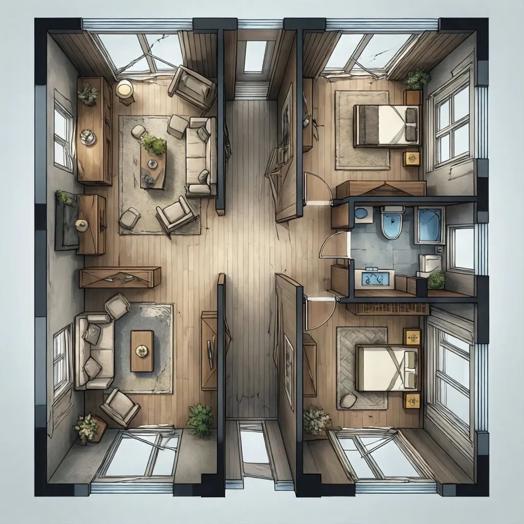 Interior design drawing showing a house layout with wooden floors two bedrooms and a bathroom