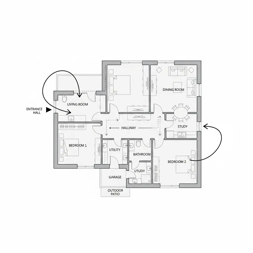 2D floor plan layout showing living room and bedroom with black arrows indicating main entrance