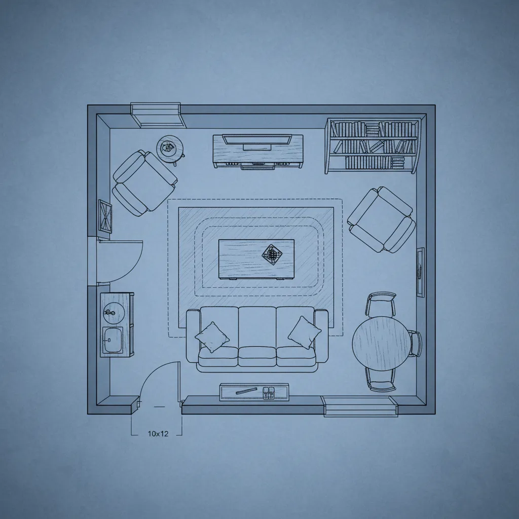 Blue interior design drawing showing top down view of furniture in a small square room