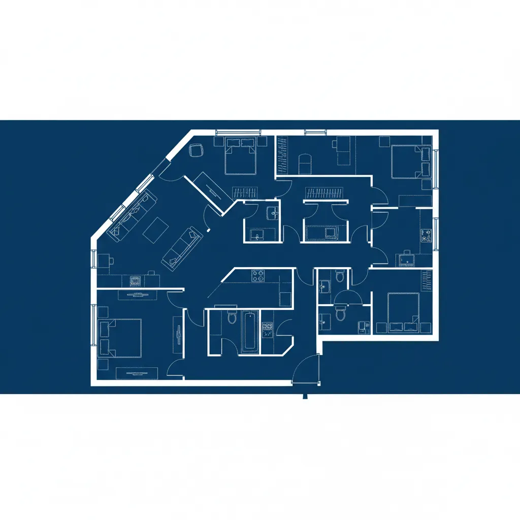 Coohom blue and white floor plan showing large apartment layout with multiple bedrooms and bathrooms
