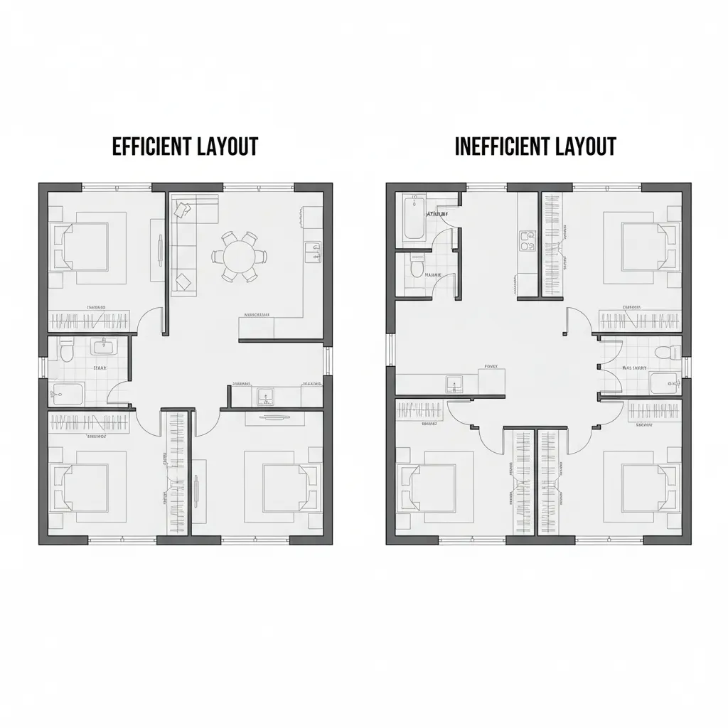 Perbandingan denah rumah yang efisien dan tidak efisien