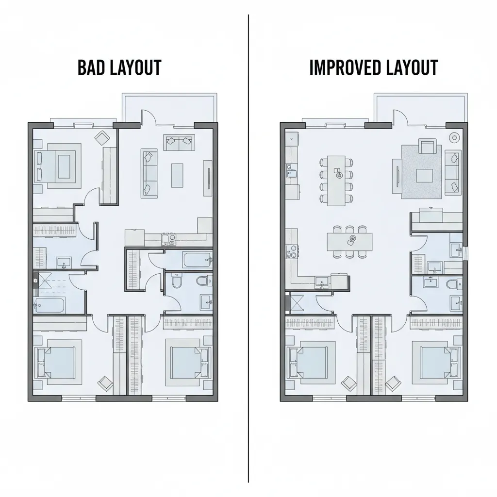 Before and after comparison of bad room layout versus an improved house design with flow