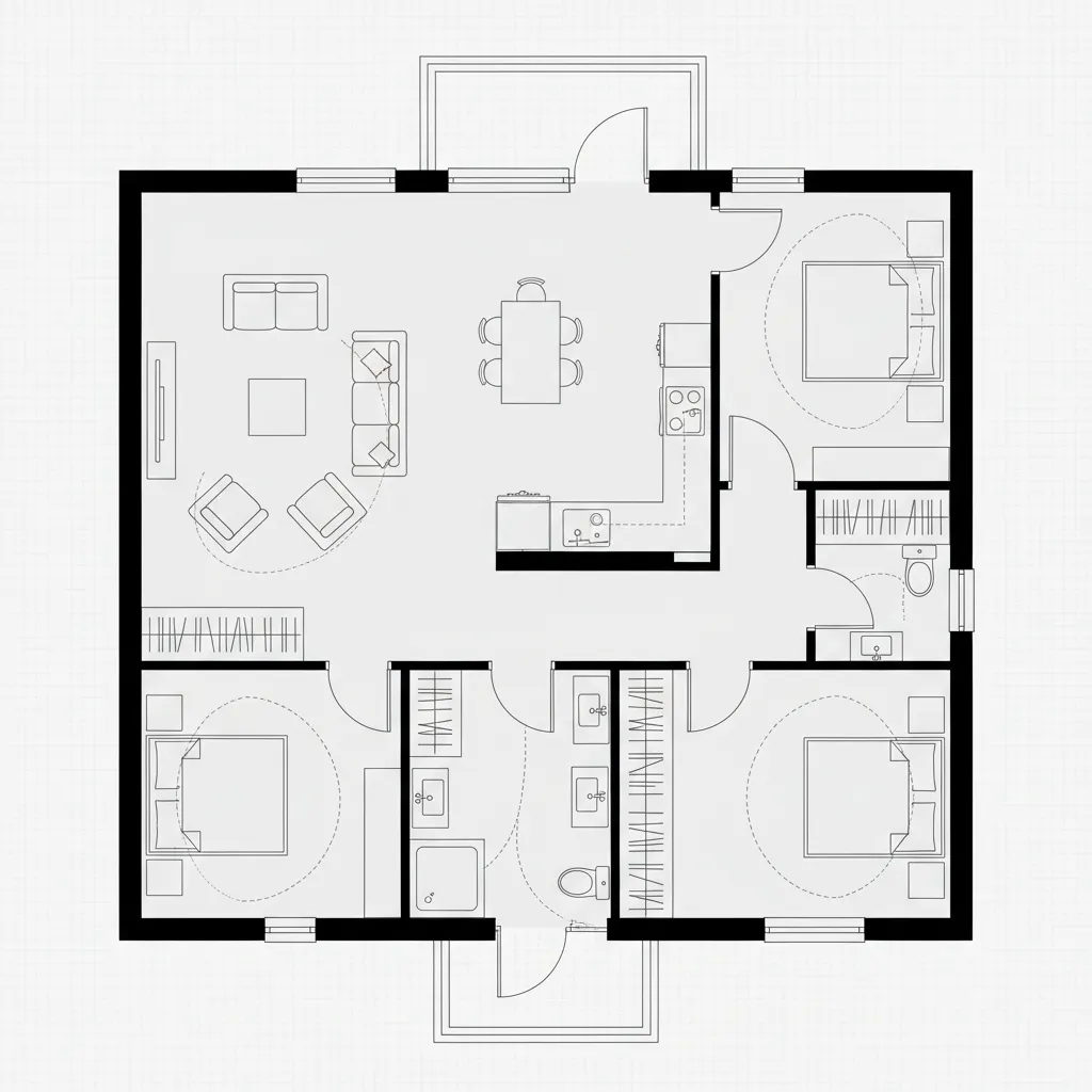 Black and white 2D floor plan drawing showing living room kitchen three bedrooms and bathrooms