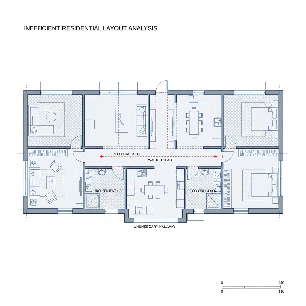 Floor plan layout analysis showing room design mistakes with labels for wasted space and flow