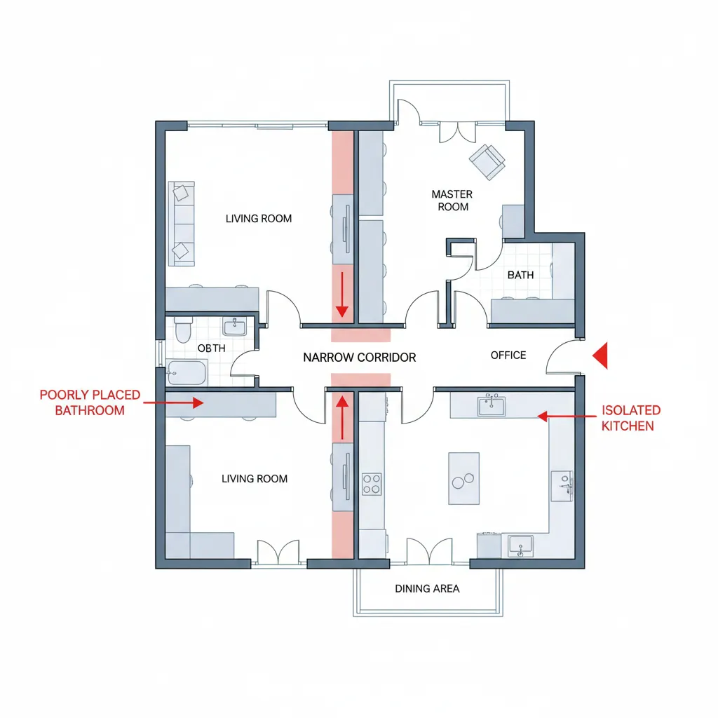 2D room layout showing design mistakes with red arrows pointing to poorly placed rooms and hallway