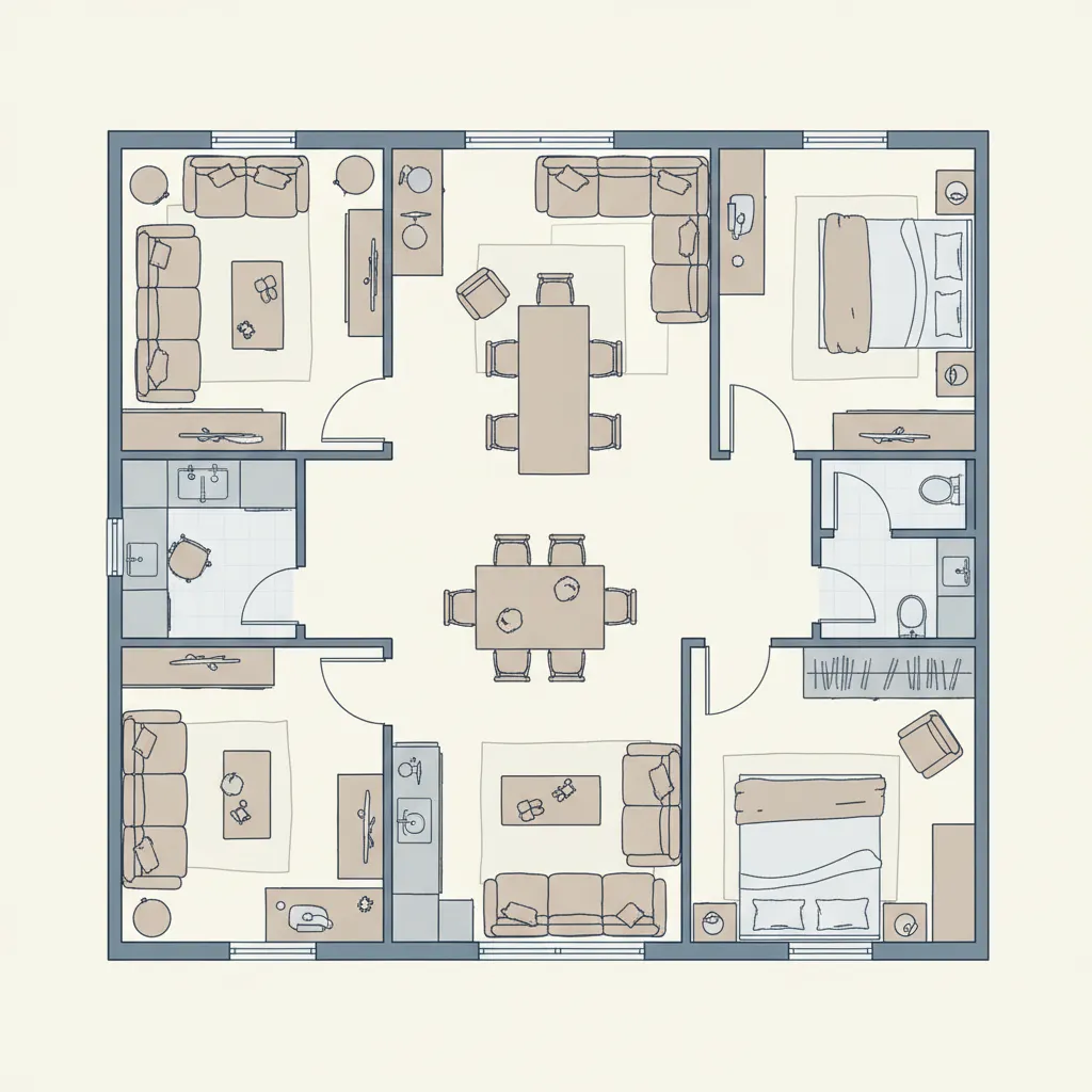 Large house layout interior design drawing with multiple sofas dining tables two bedrooms and two bathrooms