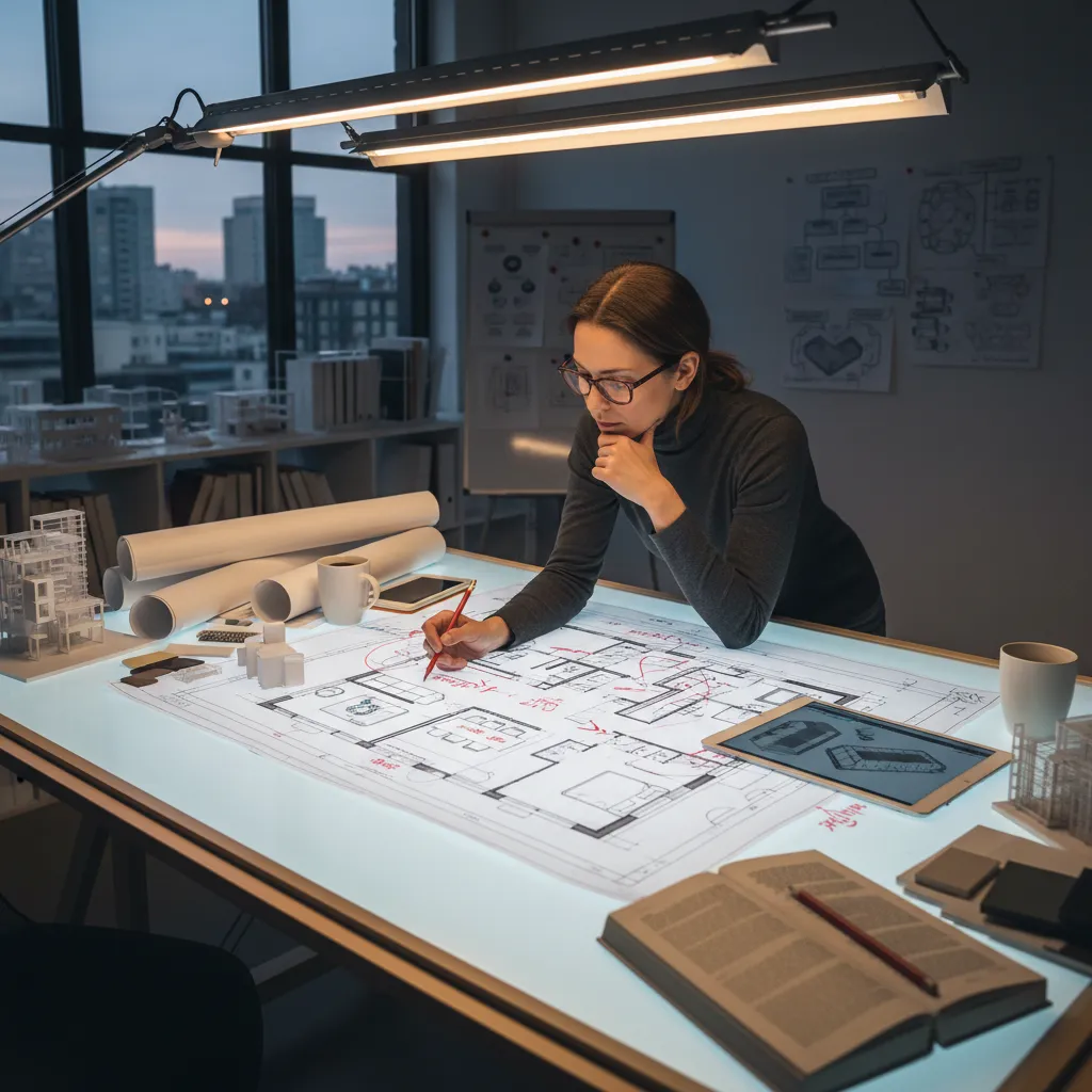 Female designer drawing on floor plan with red pen at glowing light table in office