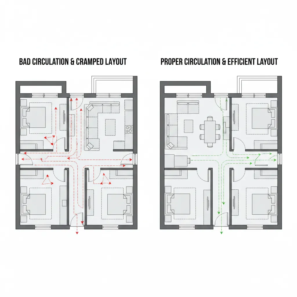Side by side comparison of bad versus good room layout with red and green paths